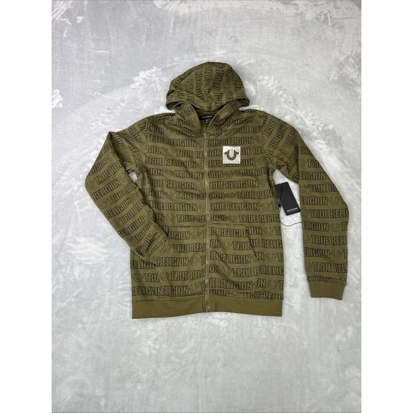 NWT True Religion Kids Olive Green Full Zip Hoodie All Over Print Size Large - Picture 1 of 7